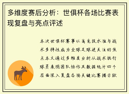 多维度赛后分析：世俱杯各场比赛表现复盘与亮点评述