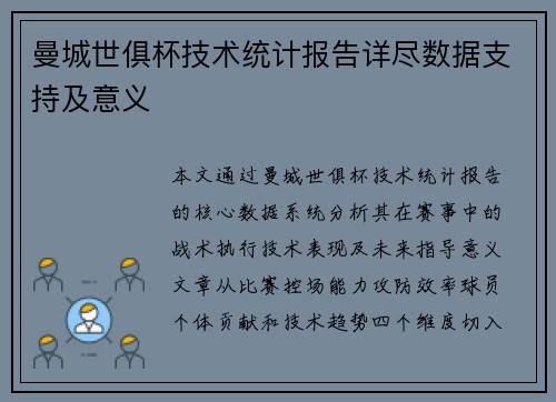 曼城世俱杯技术统计报告详尽数据支持及意义